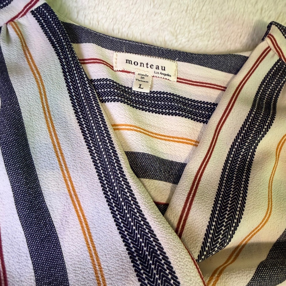 Monteau Los Angeles Striped Wrap Dress Navy Orange Cream V-Neck Pockets Large - Picture 8 of 16